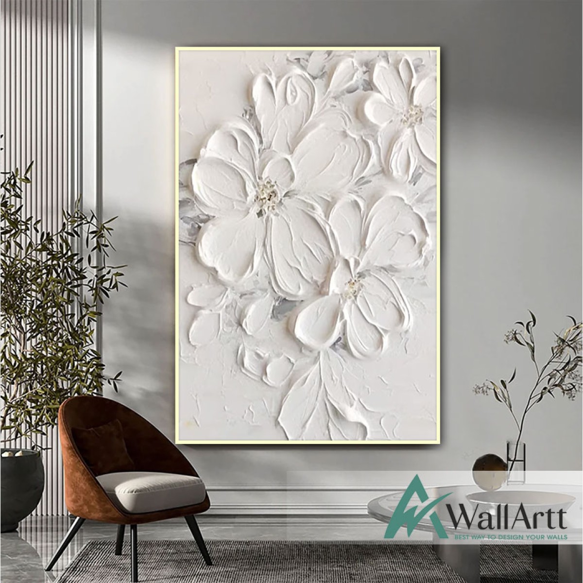 Embossed White Flowers 3d Heavy Textured Partial Oil Painting